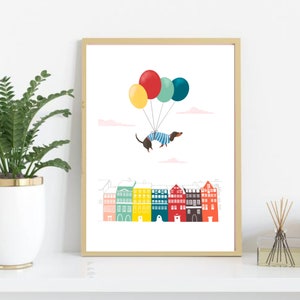 Black Dachshund Digital Illustration with Balloons DIN A4 Donwloadable Art in JPEG and PDF
