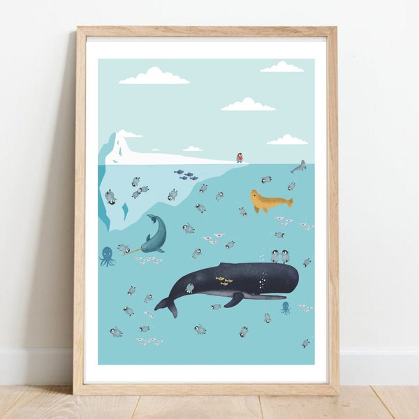 Penguins swimming Wall Art Printable Children Room Baby Room Cute Art Fun Decoration Illustration Animals Whale Seals