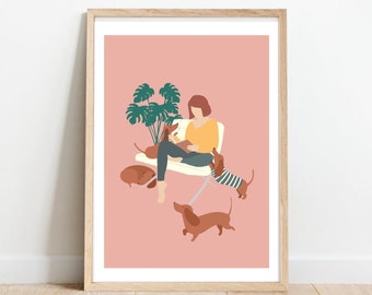 Wall Art Girl with Dachshunds Printable Cute Illustration Digital Dogs Decor Downloadable Animals