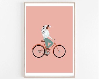 Dalmatian Dog Illustration Printable downloadable Bicycle Girl Wall Art Print Animal Cute Pink Illustration A4 A3