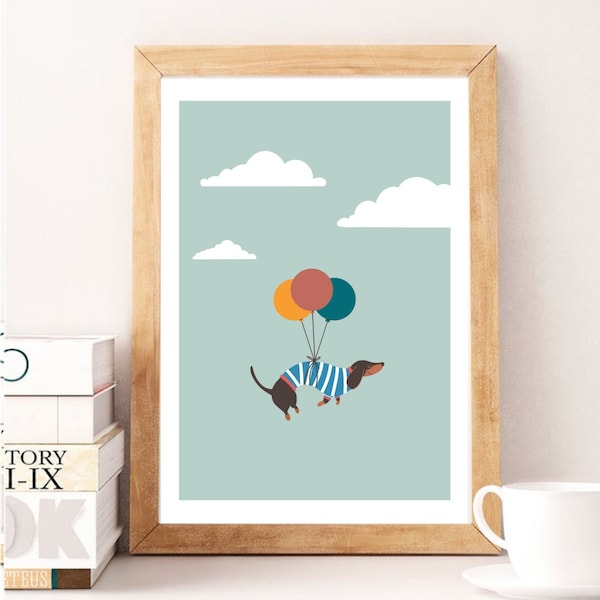 Dachshunds Sausage Dog Flying with Colorful Balloons among White Clouds Teckel Animal Digital Illustration Wall Art printable Downloadable