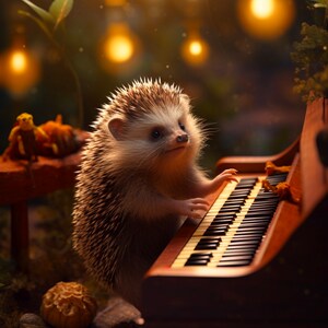 Hedgehog  playing piano Digital Hyperrealistic Illustration Wall Art printable Downloadable