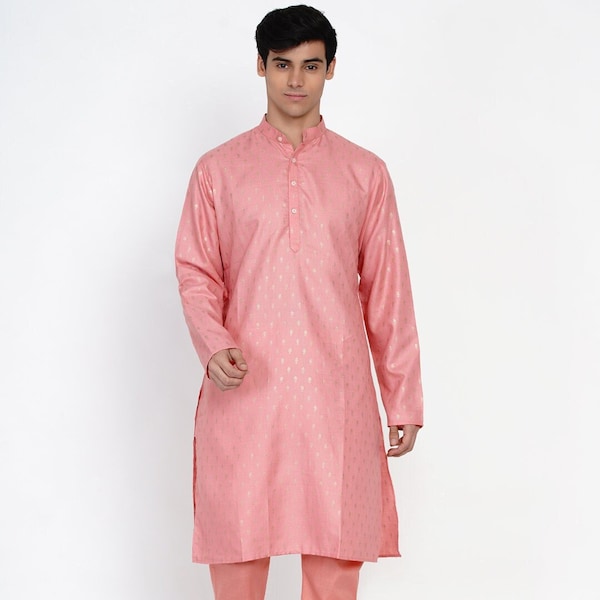 Men Pink Gold Print Kurta Pajama/Men Kurta Pajama/Indian Kurta Pajama set/Cotton Gold print Kurta