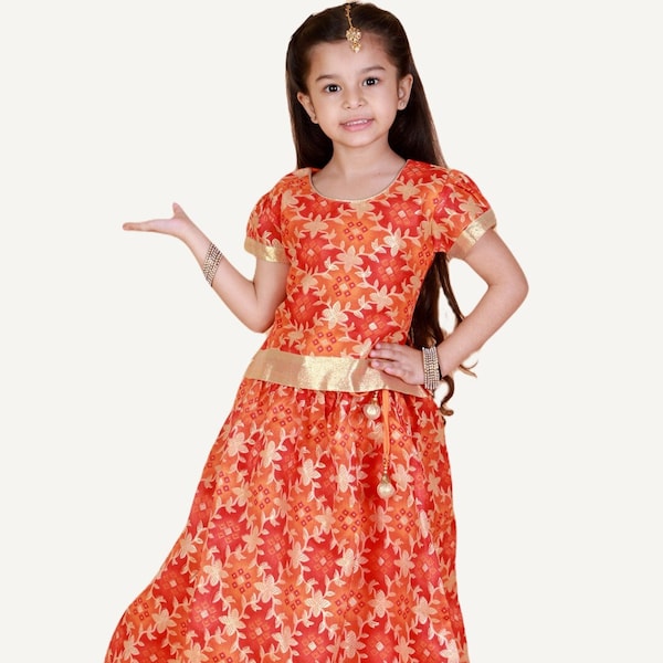 Orange and Gold Pavda Pattu/ Girls Lehenga/ kids lehenga choli/ Girls Pattu Pavadai/ Langadavani/ Langavoni