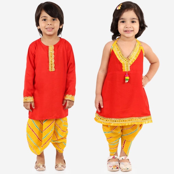 Brother Sister Combo/Newborn ethnic wear/Newborn Kurta/Kids traditional wear with Lehariya Print Dhoti/Girls Halter Neck Kurti/Kids ethnic