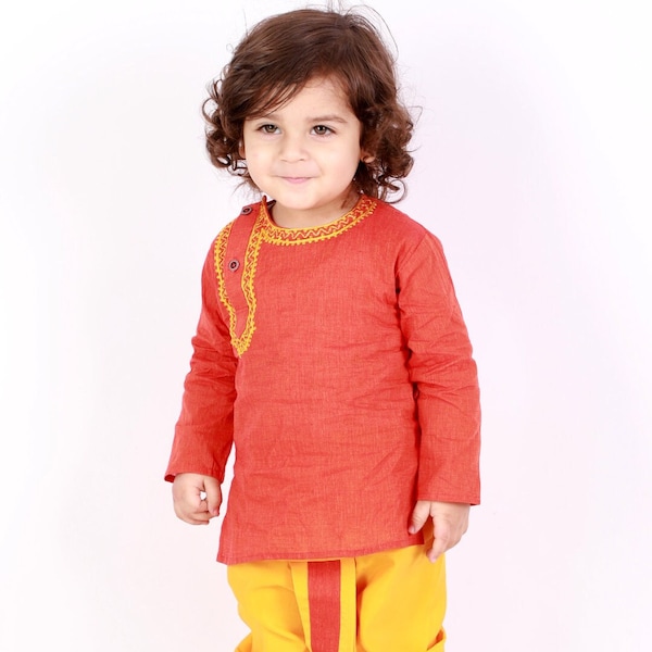 Orange Embroidered Kurta Dhoti Set/Boys Kurta Dhoti/Kids Kurta/Cotton Ethnic Wear for Kids/Kids Indian Ethnic Wear