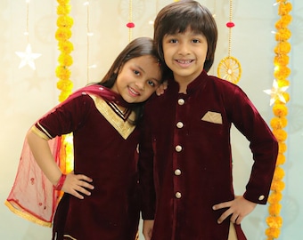 Brother Sister Combo/Boys Velvet Sherwani Set/Girls Velvet Sharara Set/Kids ethnic wear/Sibling Matching combo