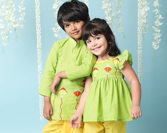 Green and Yellow Embroidered Sibling Set/Brother Sister Combo/Infants ethnic wear/Rakshabandhan/ Sibling Matching/Sibling Combo/Twinning Set