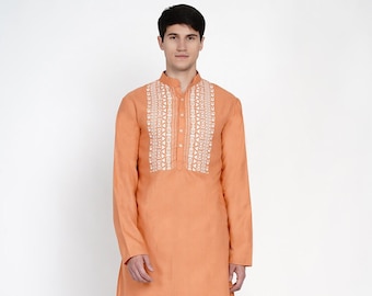 Men's Peach Khadi Print Kurta Pajama/Indian Kurta Pajama/Kurta Pajama Set/Traditional Kurta for Men/Cotton Kurta Pajama