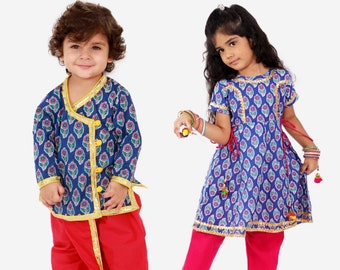 Brother Sister Combo/Siblings Matching Combo Blue and Pink Angrakha Style Kurta Dhoti/Kurta Salwar/Diwali/Eid/Kids Cotton Indian ethnic