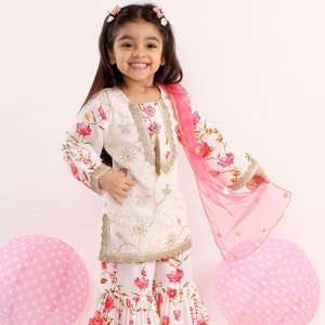 Girls Floral Print Kurta Sharara with Dupatta/Heavy Embroidered sharara/Kids Sharara/Traditional Kids wear image 1