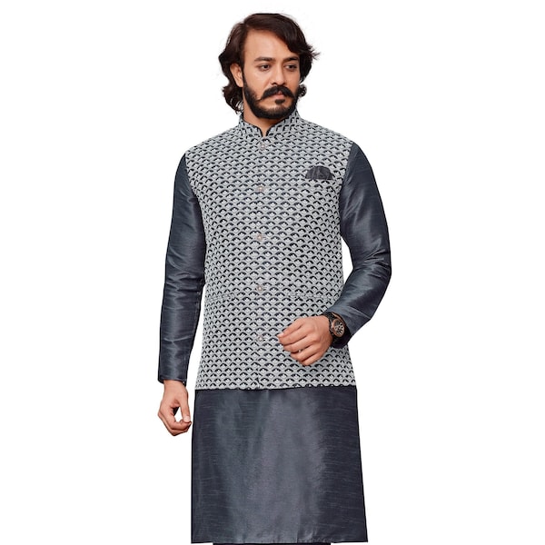 3 pièces pyjama kurta gris acier avec veste Nehru/pyjama kurta indien/churidar/chikankari/kurta traditionnel pour hommes/vêtements ethniques/Salwar kameez