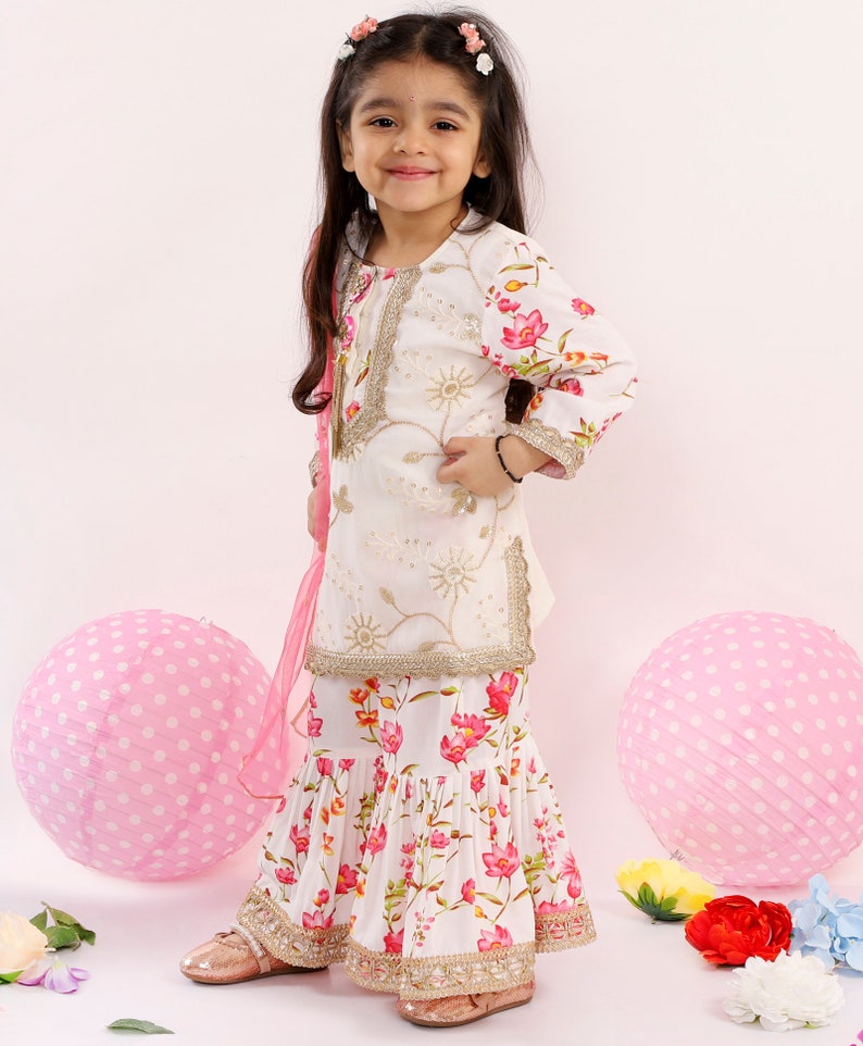 Girls Floral Print Kurta Sharara with Dupatta/Heavy Embroidered sharara/Kids Sharara/Traditional Kids wear image 2