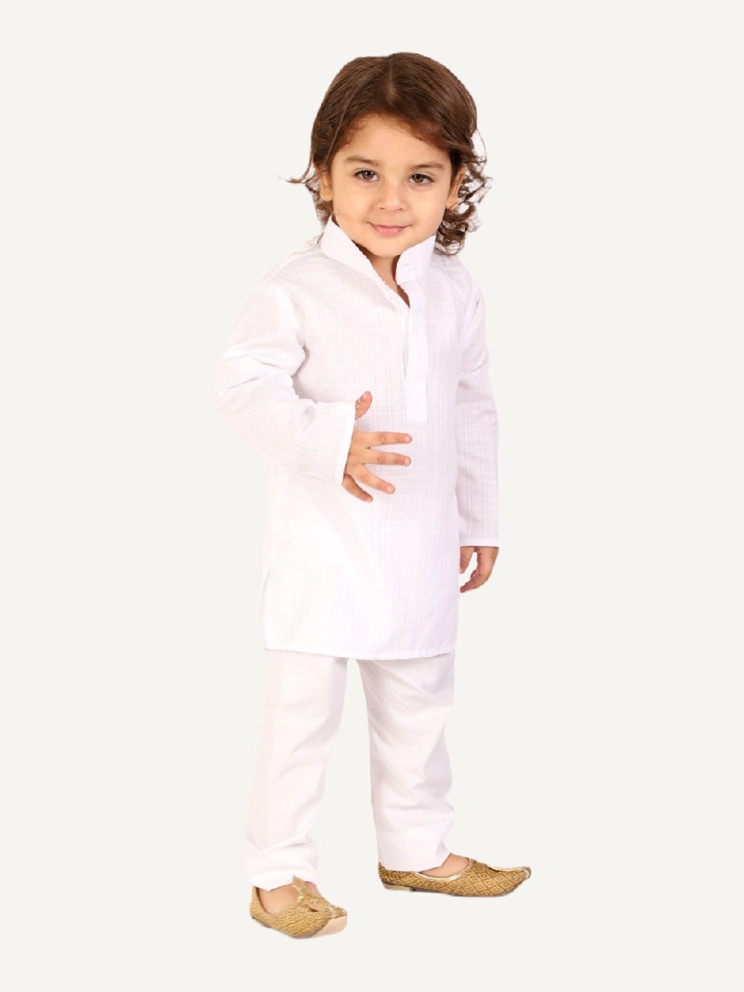 White kurta pyjama top for baby boy