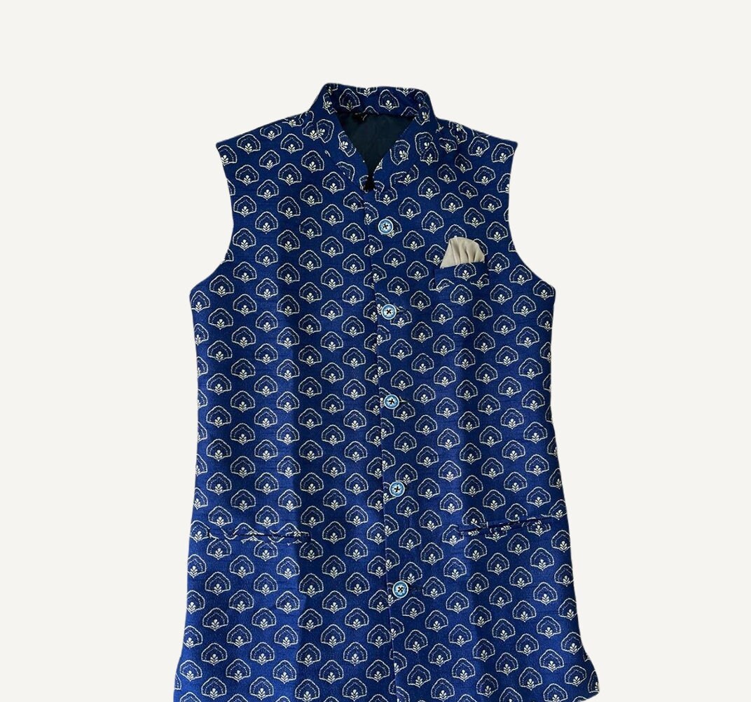 Blue printed nehru jacket hot sale