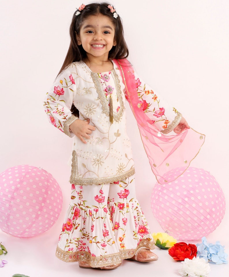Girls Floral Print Kurta Sharara with Dupatta/Heavy Embroidered sharara/Kids Sharara/Traditional Kids wear image 1