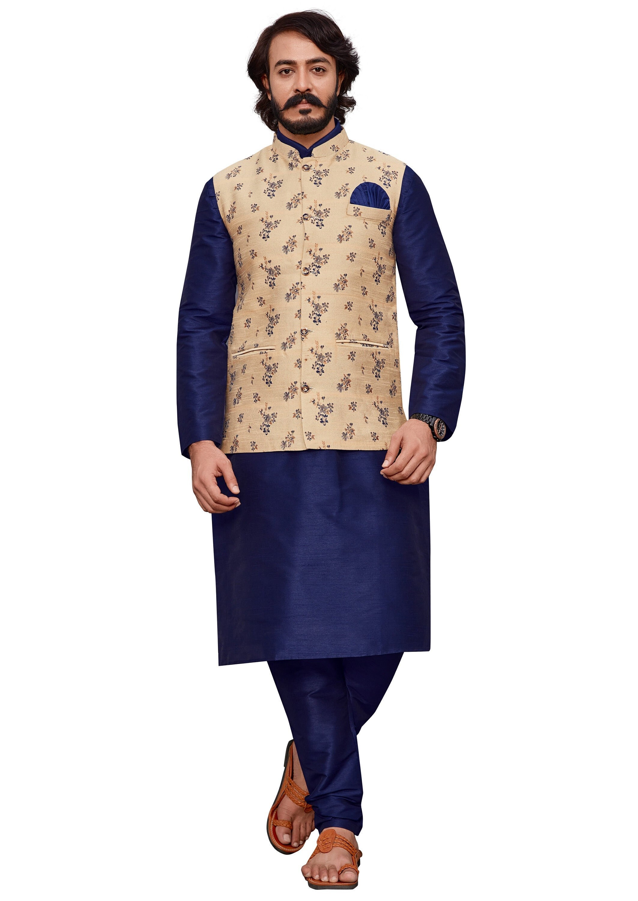 3pc Navy Kurta Pajama With Jacquard Nehru Jacket indian Kurta