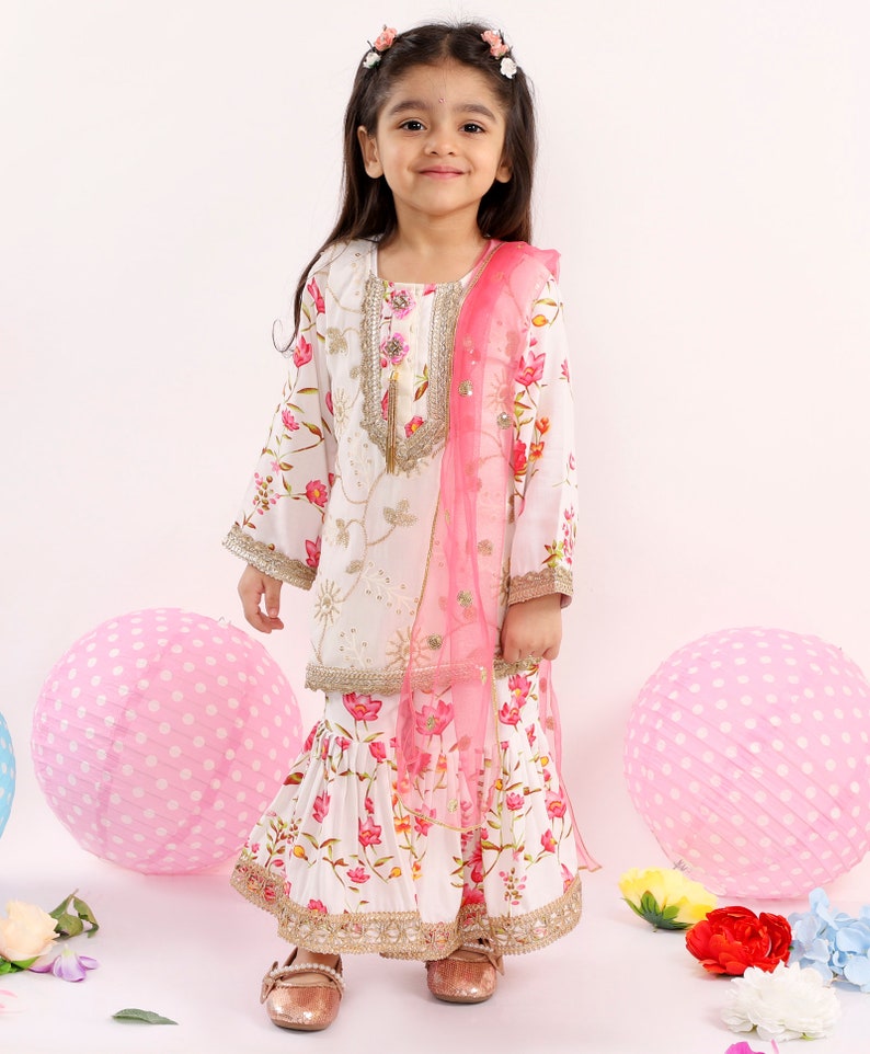 Girls Floral Print Kurta Sharara with Dupatta/Heavy Embroidered sharara/Kids Sharara/Traditional Kids wear image 4