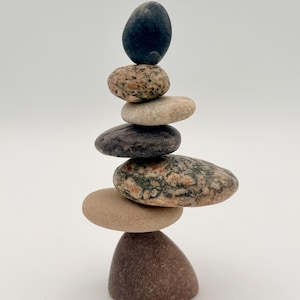 May include: A balanced stack of seven smooth, rounded stones in varying colors, including brown, tan, and speckled grey. The stones are arranged vertically, creating a natural sculpture against a white background. The arrangement suggests a sense of balance and harmony.