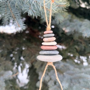Coastal Cairn Ornament: Stacked Beach Stone Holiday Tree Decor and Window Accessory