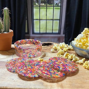 Rainbow sprinkles Coasters with holder - Coasters set - Housewarming gift - candy coasters - spring
