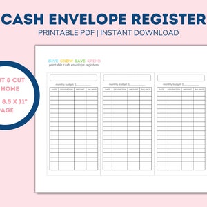 Cash Envelope Money Saving System | Transaction Register Slip | Blank Cash Spending Log | Simple Budgeting Tool | Printable Instant Download
