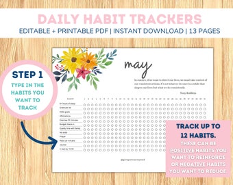 Printable Daily Habit Tracker | 12 Monthly Habit Trackers | Editable and Printable PDF