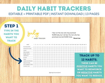 Printable Daily Habit Tracker | 12 Monthly Habit Trackers | Editable and Printable PDF