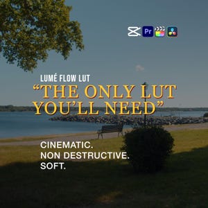 Puede incluir: Imagen con texto: "LUMÉ FLOW LUT" y "THE ONLY LUT YOU'LL NEED". La imagen también incluye las palabras "CINEMATIC. NON DESTRUCTIVE. SOFT." y los iconos de Premiere Pro, Final Cut Pro y DaVinci Resolve.