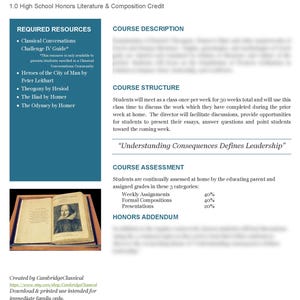 May include: A document titled "HONORS ANCIENT LITERATURE AND COMPOSITION" with a list of required resources, course descriptions, and assessment details. An open book with a portrait is at the bottom. The text includes "Understanding Consequences Defines Leadership."