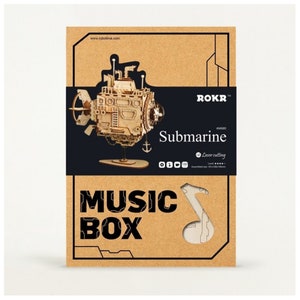 May include: A brown cardboard box with a black and white image of a steampunk submarine music box. The box has the words "ROKR Submarine" and "Music Box" printed on it.