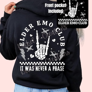 May include: Black hooded sweatshirt with a white graphic print of a skeleton hand making a rock and roll sign. The graphic also includes skulls, hearts, and the text "Elder Emo Club" and "It Was Never A Phase".