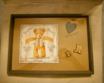 Frame for children's room around an illustration with teddy bear and addition of heart and wooden teddy bear