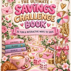 Könnte beinhalten: Ein Buch mit dem Titel The Ultimate Savings Challenge Book und dem Untertitel 30 Fun & Interactive Ways to Save. Das Cover zeigt rosa Rosen, eine rosa Kaffeetasse, ein Croissant, Goldmünzen in einem Glas, Würfel und einen Pfad mit Herzen.