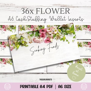 36x Etiquetas de categoria para fichário de orçamento - PDF imprimível A6 - Sistema de envelope de orçamento com design de flores, carteiras CashStuffing, PDF tamanho A4