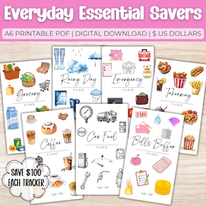 Könnte beinhalten: Eine Sammlung druckbarer A6 PDF-Budget-Tracker mit Aquarellillustrationen. Kategorien: Lebensmittel, Regentag, Notfall, Essen zum Mitnehmen, Kaffee, Kraftstoff und Rechnungen. Jeder Tracker spart 100 €.