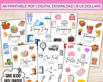 May include: A collection of printable A6 PDF budget trackers with watercolor illustrations. Categories include Grocery, Rainy Day, Emergency, Takeaway, Coffee, Car Fuel, and Bills Buffer. Each tracker is designed to save $100.