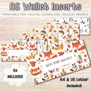 May include: A set of A6 wallet inserts featuring a woodland animal pattern with foxes, hedgehogs, and owls among autumn leaves. The digital download includes six designs with white rectangular labels for text, including one labeled Write your own text.
