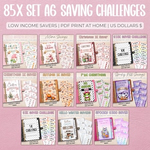 May include: A set of A6 saving challenges with various themes, such as "Hello Spring," "Autumn Savings," and "Christmas 1K Saver." These PDF print-at-home challenges are designed for low-income savers and are priced in US dollars.