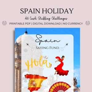 Op de afbeelding: Printbare Spaanse vakantie spaarplanner met een rood, geel en paarse Spaanse vlag, een cartoon vrouw in een rode flamenco jurk en de tekst "Spain Saving Fund Hola!"