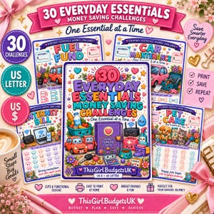 May include: A collection of 30 Everyday Essentials Money Saving Challenges printable sheets featuring colorful illustrations of cars, pets, and household items, with text including Fuel Fund, Car Maintenance, Internet Bill, and Pet Care.