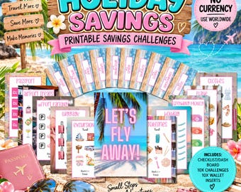 May include: A digital printable savings challenge set featuring a wooden sign with the text Holiday Savings, Printable Savings Challenges, and Let's Fly Away. Includes various travel-themed trackers, a pink passport cover, and sunglasses.