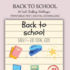 Könnte beinhalten: Ein druckbarer PDF-Download eines Back-to-School-Cash-Stuffing-Challenge-Spiels. Das Spiel hat einen gelben Hintergrund mit schwarzen Linien und Illustrationen von Schulutensilien wie Notizbüchern, einem Hefter, einem Stern, einem Taschenrechner, einem Spiegel und einem roten Kreis mit dem Buchstaben A. Der Text lautet "Back to school" und "EACH 1 = £10 TOTAL: £120".