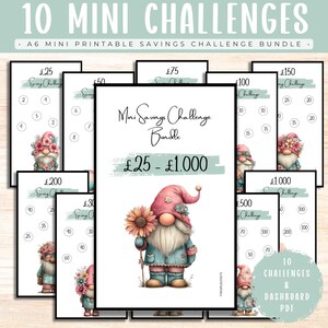 Mini-sparutmaningspaket – Spara 25–1000 utskrivbara Cash Fill-utmaningar, A6-budgetpärminlägg, Whimsical Gonks UK