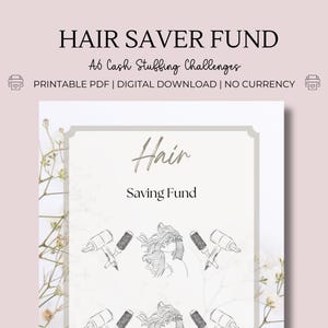Może przedstawiać: Drukowany tracker wyzwania "Hair Saver Fund" do gromadzenia gotówki. Drukowany plik PDF zawiera stronę tytułową z tekstem "Hair Saving Fund" i ilustracjami narzędzi do stylizacji włosów.