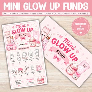 Op de afbeelding: Een roze A6-spaarplanner getiteld Mini Glow Up Fund. De printbare kaart bevat illustraties van huidverzorgingsproducten zoals reiniger, serum, moisturizer en sheet masks met schattige gezichtjes, plus hartjes om spaardoelen bij te houden.
