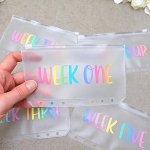 May include: A set of translucent, frosted plastic zip pouches for binders, each featuring colourful, gradient-style text. The pouches are labelled with sequential weeks, including Week One, Week Three, Week Four, and Week Five, printed in a vibrant rainbow font.