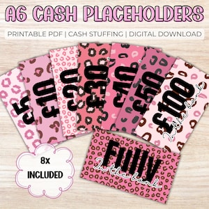 Bundel contante tijdelijke aanduidingen: A6 pdf-afdrukbare pdf-bestand Cash Stuffing Extra, Budget Binder-systeem, Cash Trackers, Leopard Plaatsingskaarten voor budgettering