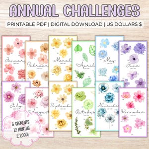 Puede incluir: Un conjunto de doce descargas digitales imprimibles, cada una con ilustraciones florales en acuarela que representan los meses del año. El título "Annual Challenges" está en la parte superior, con el texto "6 segments, 12 months" en la parte inferior.