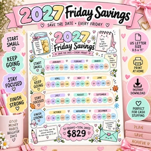 Op de afbeelding: Een 2027 Friday Savings spaartracker-blad. Het kleurrijke, printbare document bevat maandelijkse spaardoelen, een pot-illustratie en een totaal spaardoel van $829, versierd met hartjes en bloemen, ontworpen om thuis af te drukken.